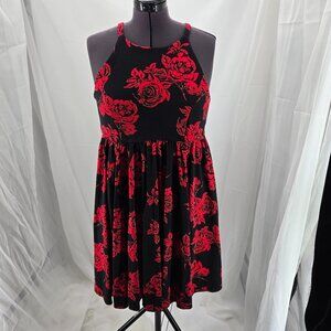 76-16 Torrid Black & Red Rose Halter Neck Knee length Skater Dress Size 14